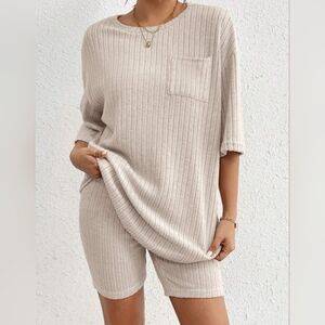 Beige Women's Ribbed Shorts Set